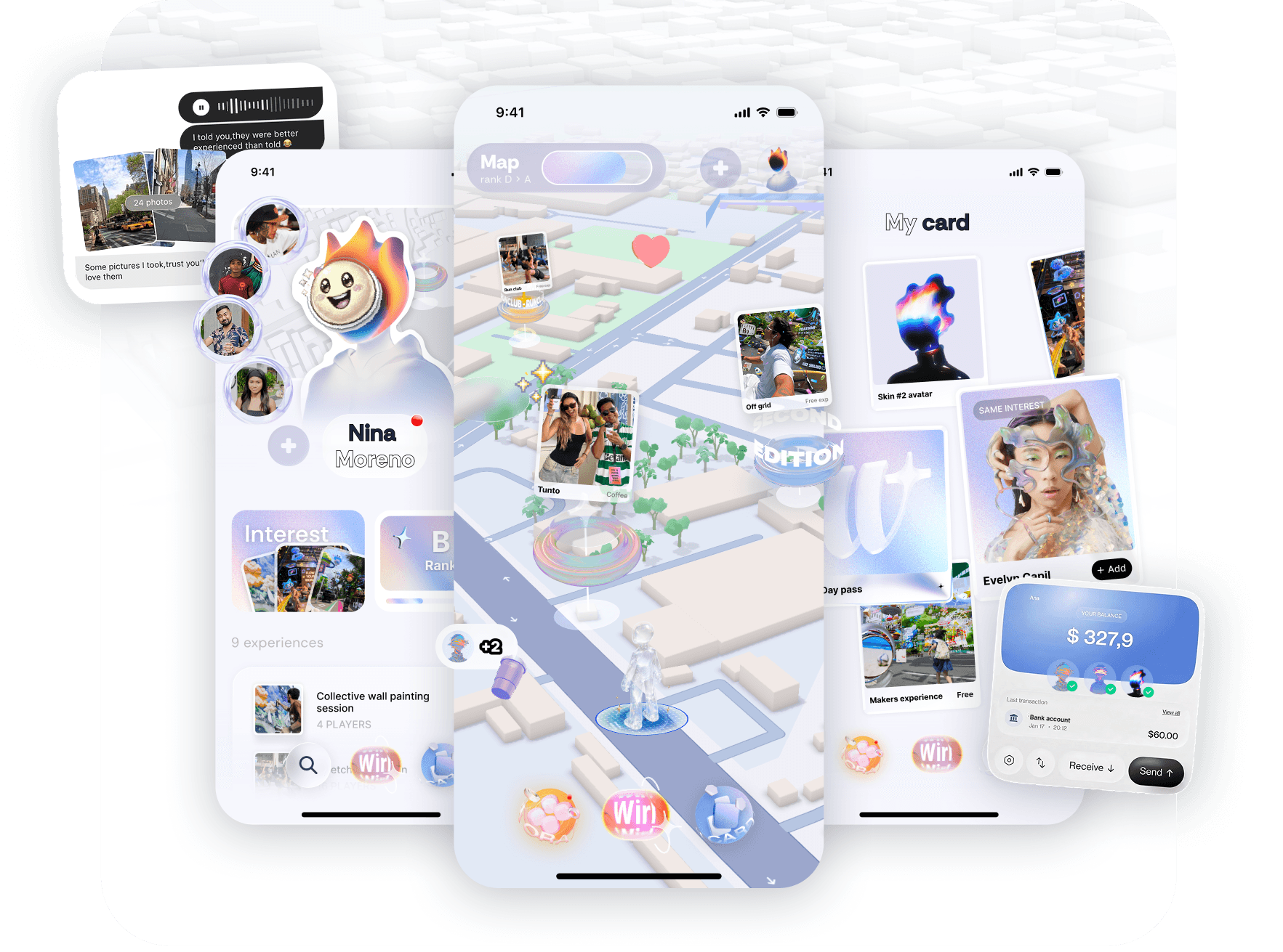 Application INREAL affichant plusieurs écrans : carte, profil et cartes de quêtes